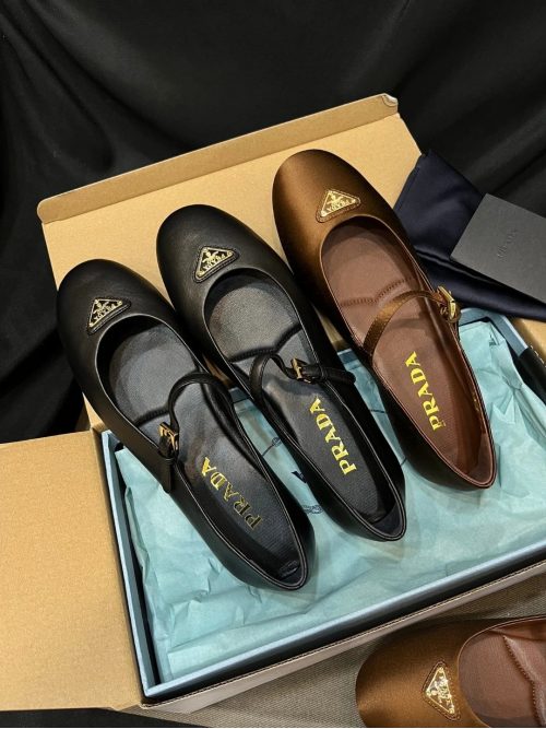 Prada Mary Jane Ballet Flats Leather and Satin Black and Brown