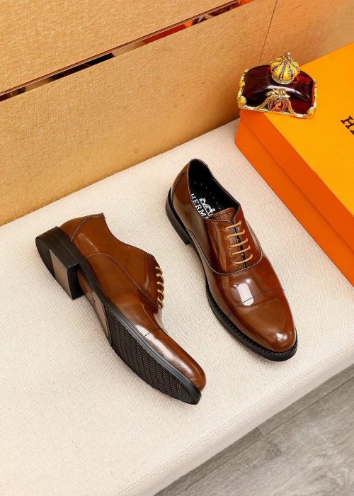 Hermes Cap-Toe Oxford Formal Leather Shoes Brown