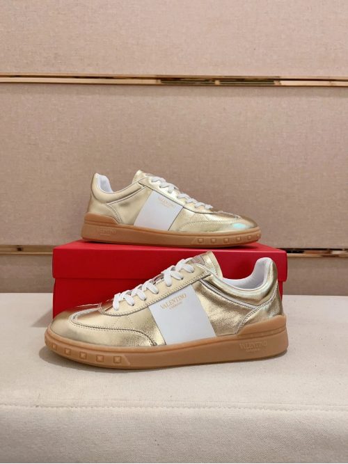 Valentino One Stud Metallic Leather Sneakers Gold and White