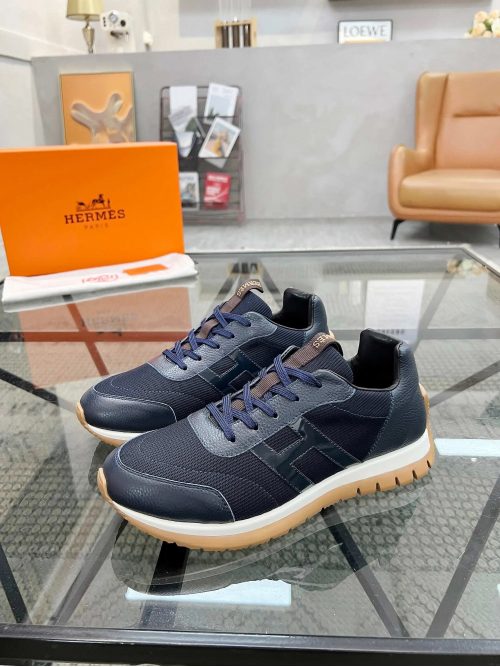 Hermes Bouncing casual Sneakers Leather and Mesh Navy and Brown