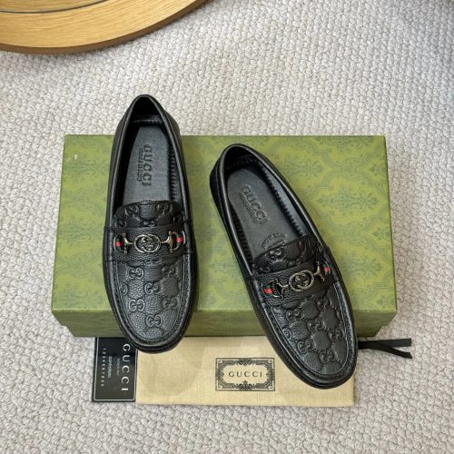 Gucci Horsebit Loafers Embossed Leather Slip-On Shoes Black
