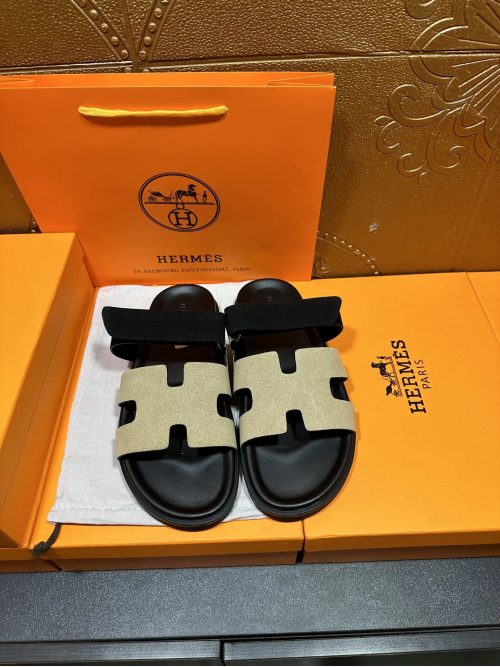 Hermes Chypre Suede and Leather Sandals Beige and Black