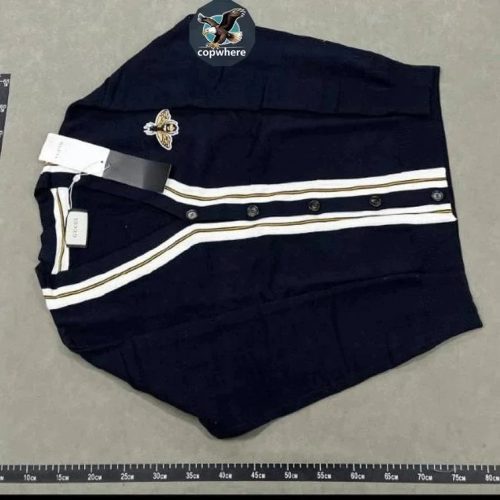 Gucci Bee Embroidered V-Neck Knit Cardigan Navy