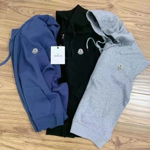 Moncler Zip-Up Hoodie Casual Cotton Sweatshirt Blue Black and Gray