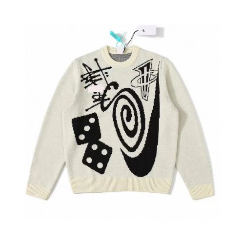 Off-White Abstract Graphic Sweater Casual Knit Pullover Beige and Black