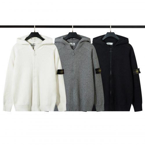 Stone Island Ribbed Knit Zip-Up Hoodie Cotton Sweater Multicolor