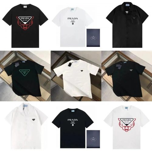 Prada Graphic and Logo Cotton T-Shirts Black and White