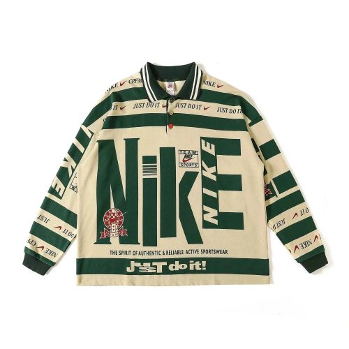 Nike CPFM Oversized Graphic Polo Shirt Green and Beige