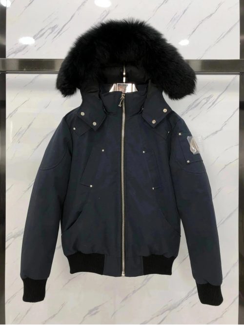 Moose Knuckles Ballistic Bomber Fur Hooded Down Jacket Navy