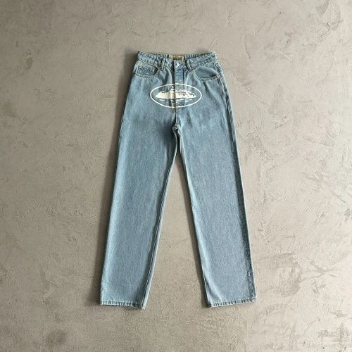 Corteiz Cloud Logo Jeans Casual Denim Pants Light Blue