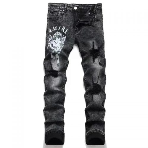 Amiri Cherub Print Distressed Slim Fit Jeans Black