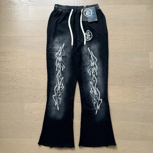 Hellstar Flame Print Flared Sweatpants Casual Black