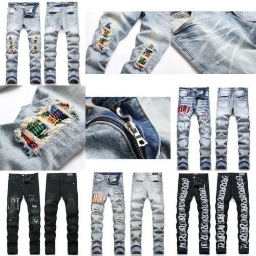 Amiri Distressed Patchwork Jeans Ripped Denim Pants Light Blue