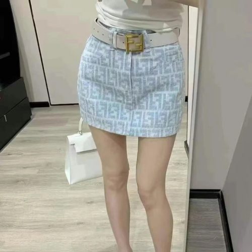 Fendi FF Monogram Mini Skirt Denim Blue and White