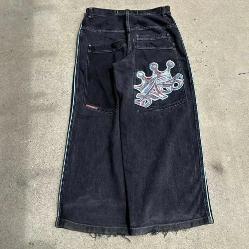 JNCO Crown Embroidery Wide Leg Jeans Baggy Denim Pants Black