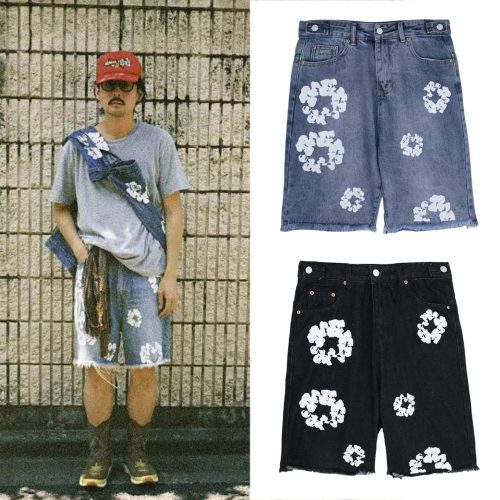 Denim Tears Floral Print Denim Shorts Casual Streetwear Blue and Black