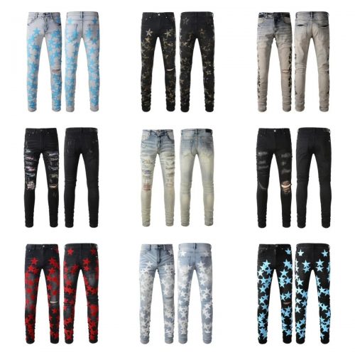 Amiri Star Print Skinny Jeans Distressed Denim Pants Multicolor