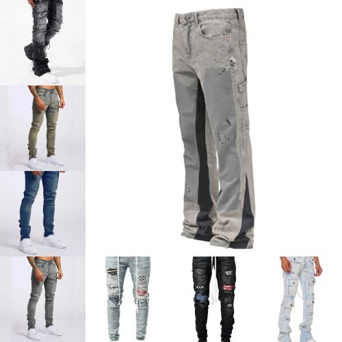 Design Distressed Patchwork Streetwear Jeans Gray