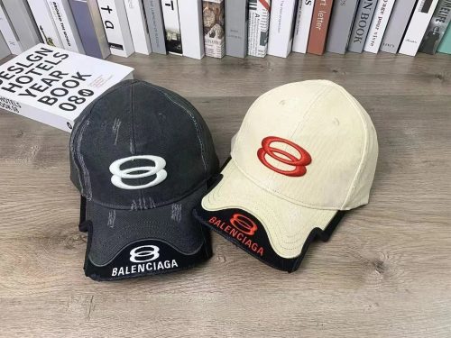 Balenciaga BB Logo Distressed Baseball Cap Cotton Hat Black and Beige
