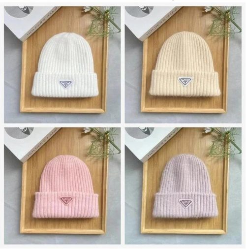 Prada Ribbed Cashmere Beanie Soft Knit Hat Multicolor