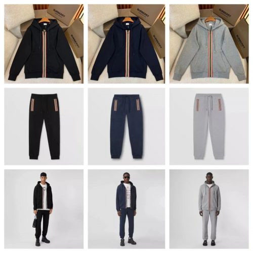 Burberry Icon Stripe Zip-Up Tracksuit Set Casual Cotton Black Navy and Gray