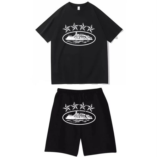Corteiz Starship Graphic Set Casual T-Shirt and Shorts Black