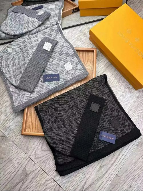 Louis Vuitton LV Damier Knit Winter Scarf and Beanie Set Gray and Black