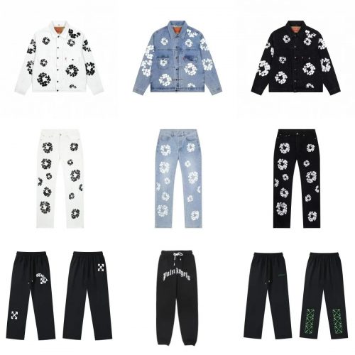 Off-White Floral Print Denim Jacket and Jeans Set Casual Blue and Black