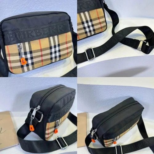 Burberry Check Print Nylon Crossbody Bag Beige and Black