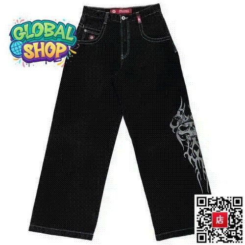 Design Tribal Skull Graphic Wide Leg Jeans Black