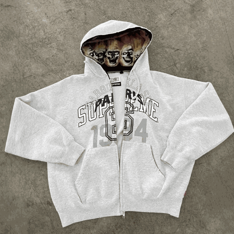Supreme Skull Lined Zip-Up Hoodie Casual Sweatshirt Light Gray