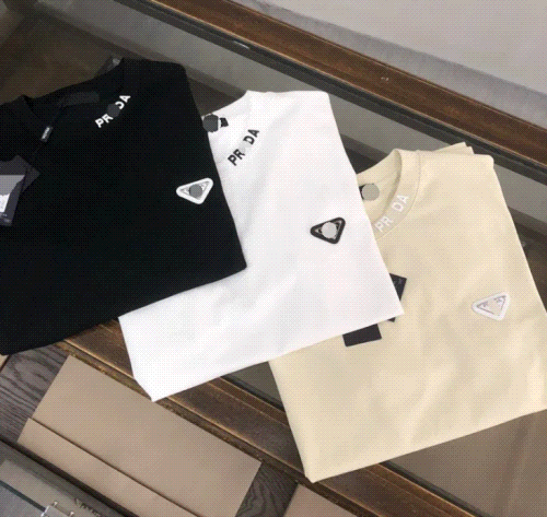 Prada Triangle Logo Cotton T-Shirt Casual Black White and Beige