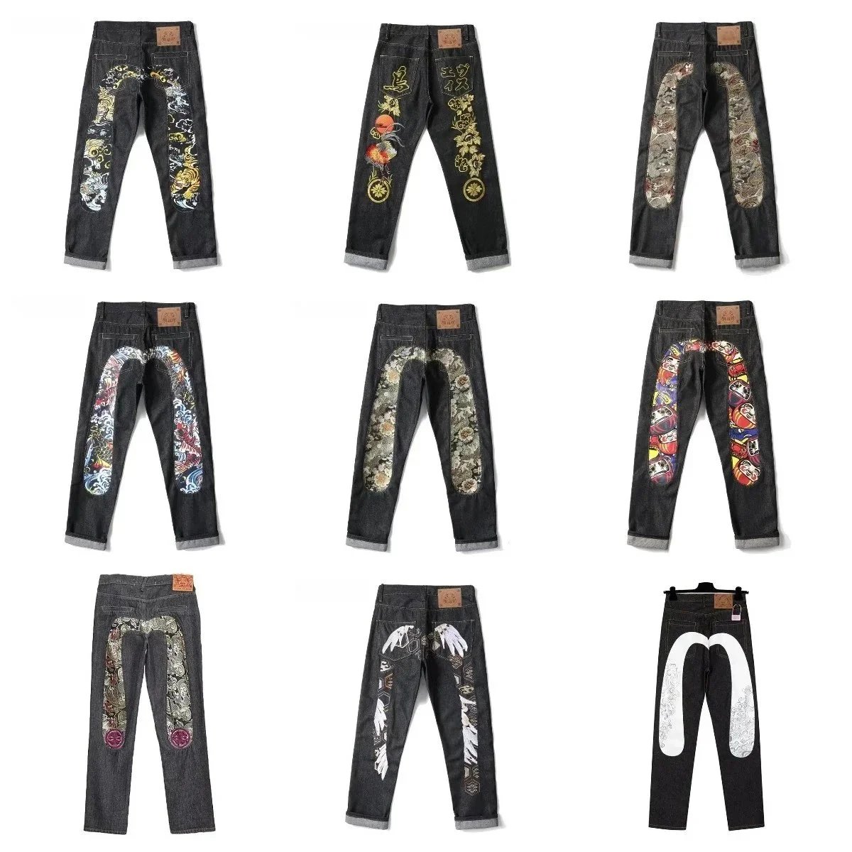 Evisu Painted Back Pocket Jeans Artistic Denim Pants Black