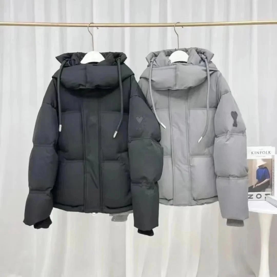 Ami Paris Ami De Coeur Puffer Jacket Casual Jacket Black and Gray