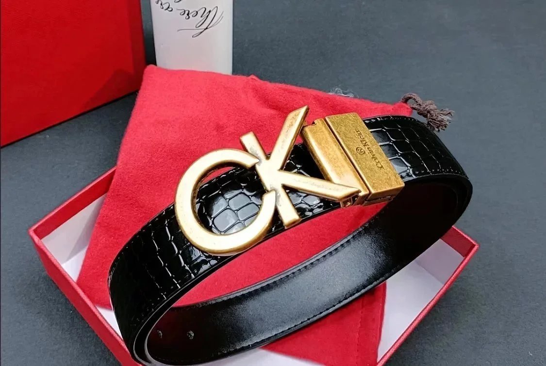 Calvin Klein CK Gold Buckle Croc Embossed Leather Belt Black