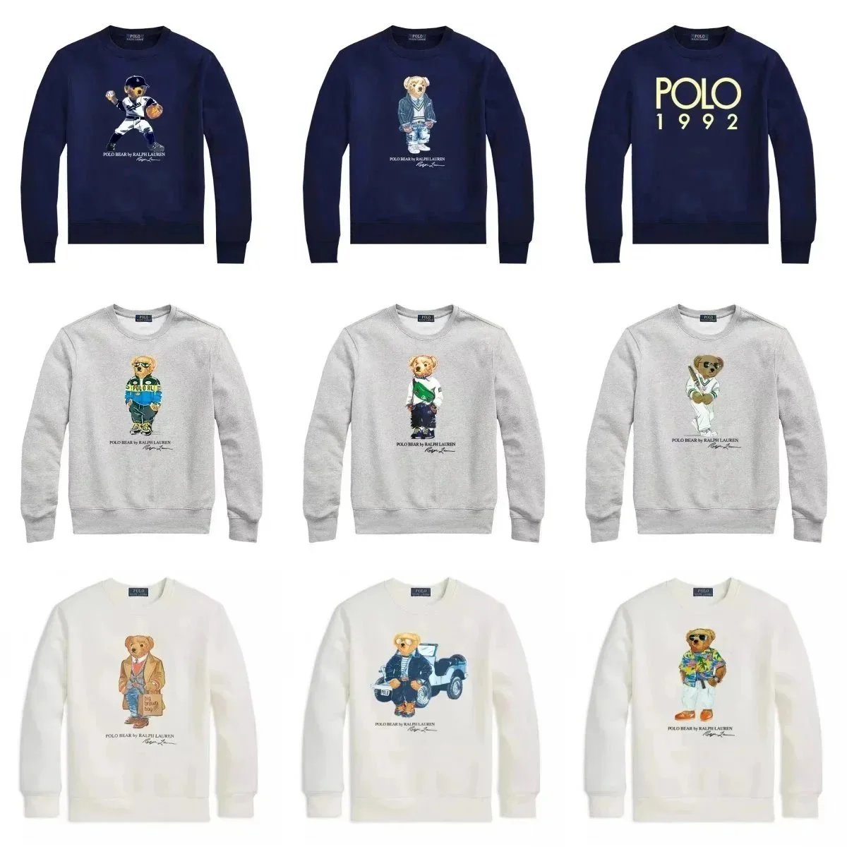 Ralph Lauren Polo Bear Sweatshirt Casual Crewneck Sweater Navy and White