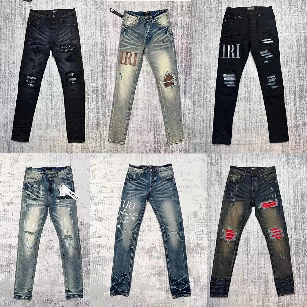 Amiri Distressed Skinny Jeans Ripped Denim Pants Blue and Black
