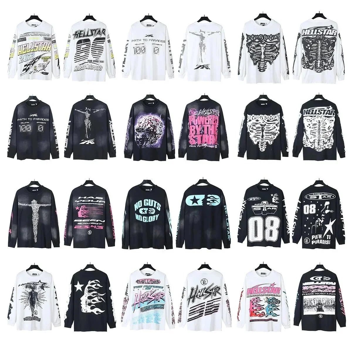 Hellstar Graphic Long Sleeve T-Shirt Casual Streetwear Black and White