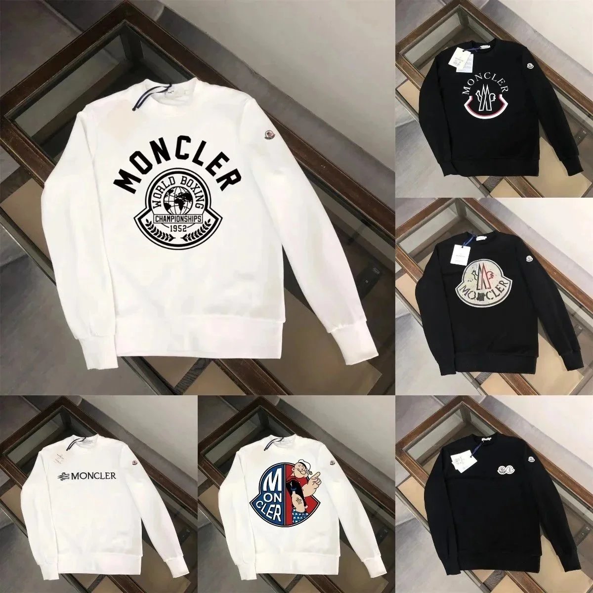 Moncler Graphic Crewneck Sweatshirt Casual Cotton Pullover Black and White